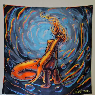 Tenture Murale UV Réactive Cyborg Cyberpunk – Toile Fluorescente Psychédélique 75×75 cm
