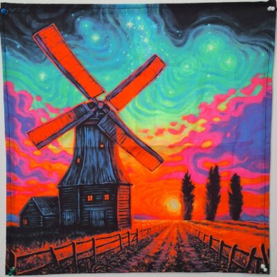 Tenture murale fluorescente "Moulin au coucher du soleil" - Gobelet / Toile UV 50x50 cm