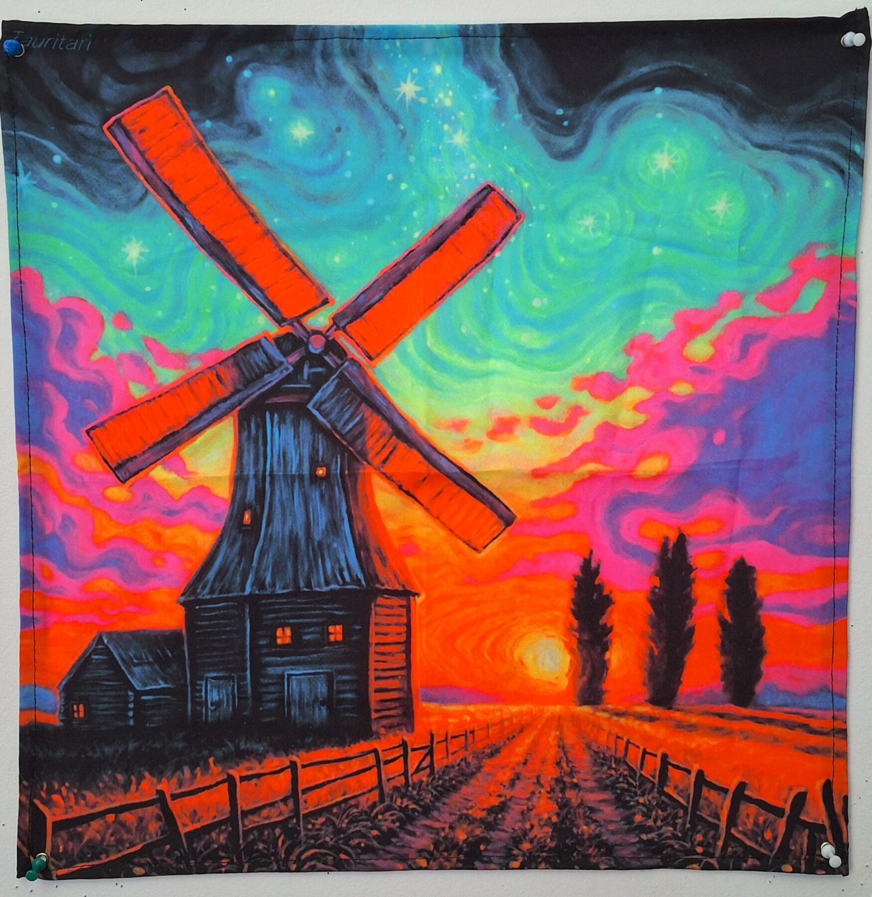 Tenture murale fluorescente "Moulin au coucher du soleil" - Gobelet / Toile UV 50x50 cm