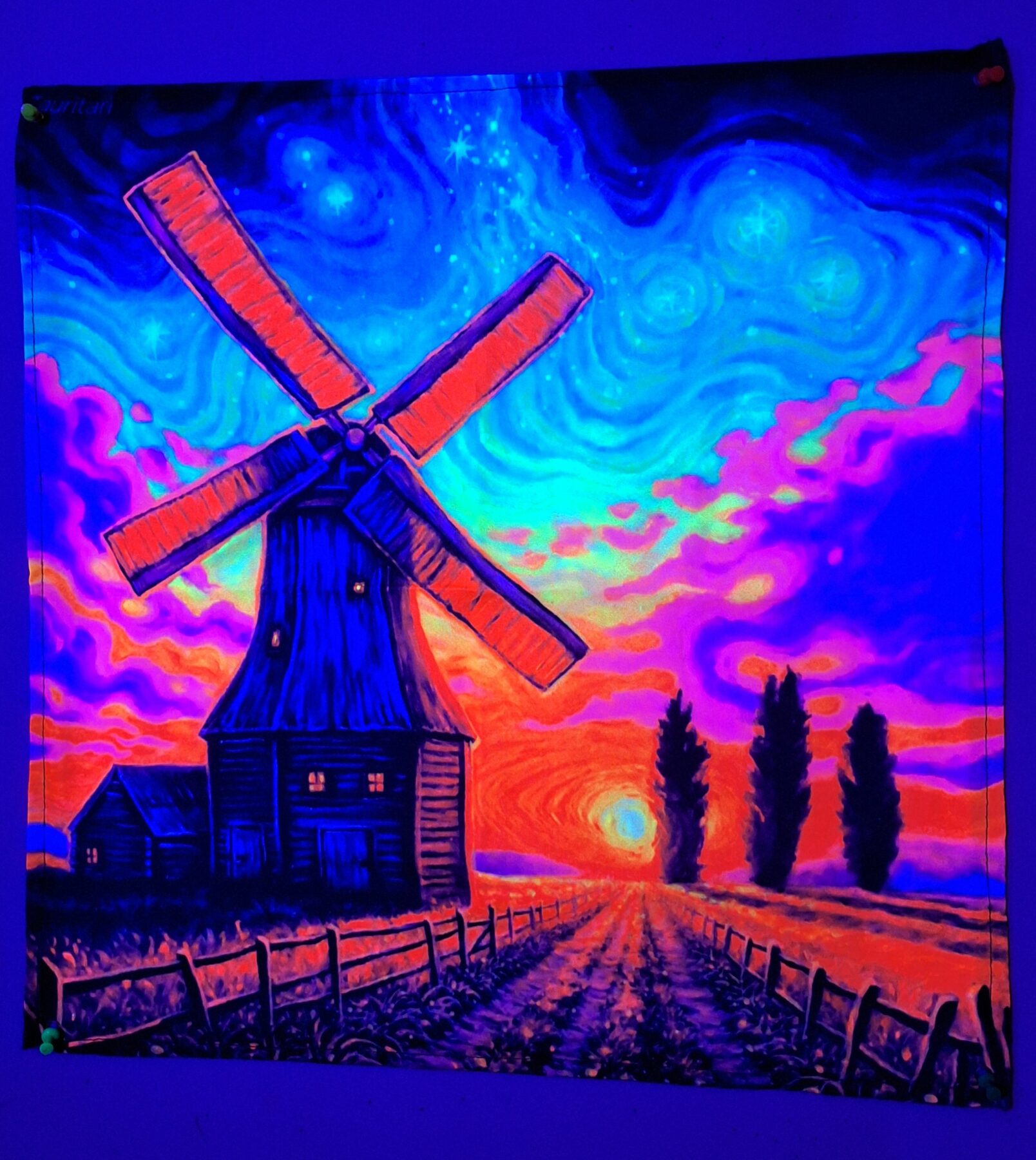 Tenture murale fluorescente "Moulin au coucher du soleil" - Gobelet / Toile UV 50x50 cm – Image 2