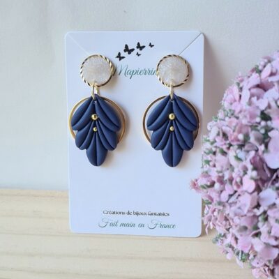 Boucles d'oreille femme fait main en pâte polymère acier inoxydable résine nacrée Feuille bleu marine