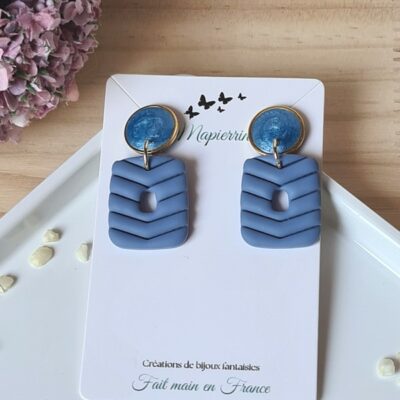 Boucles d'oreille femme fait main en pâte polymère acier inoxydable résine nacrée Bleu jean