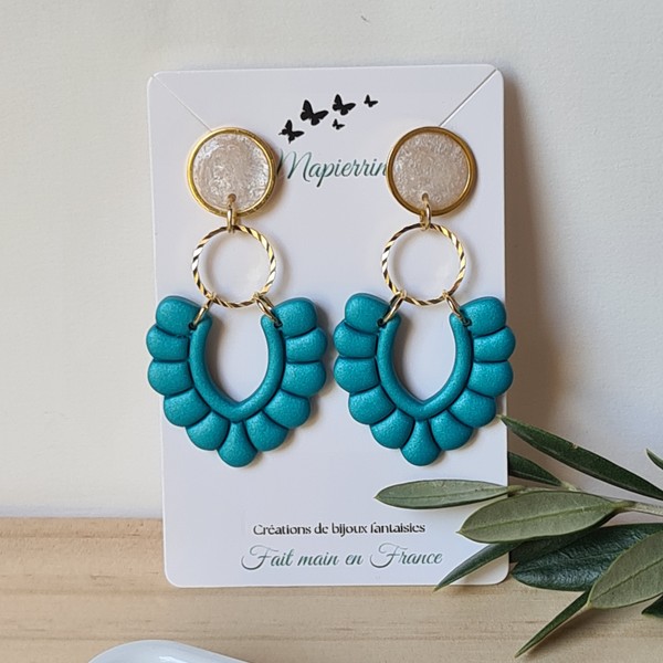 Boucles d'oreille femme fait main en pâte polymère acier inoxydable résine nacrée Turquoise métalic – Image 3