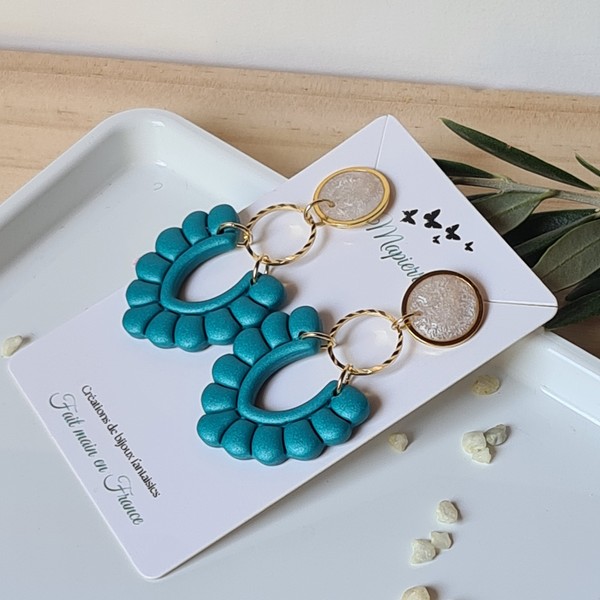 Boucles d'oreille femme fait main en pâte polymère acier inoxydable résine nacrée Turquoise métalic – Image 2