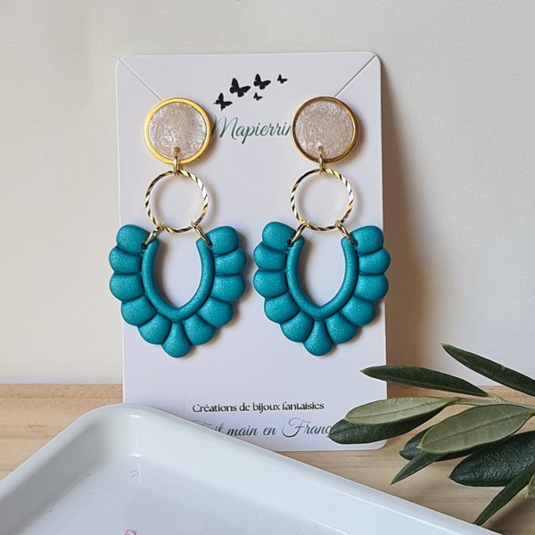 Boucles d'oreille femme fait main en pâte polymère acier inoxydable résine nacrée Turquoise métalic – Image 4