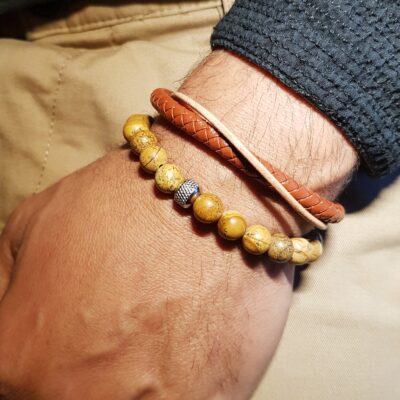 Duo de bracelets homme – perles naturelles Jaspe et cuir marron véritable