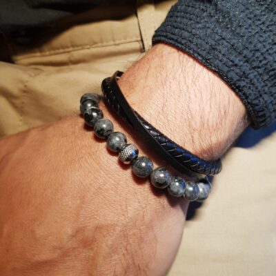 Duo de bracelets homme – perles naturelles Labradorite et cuir noir véritable