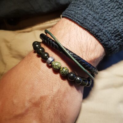Duo de bracelets homme – perles naturelles Serpentine et cuir noir véritable