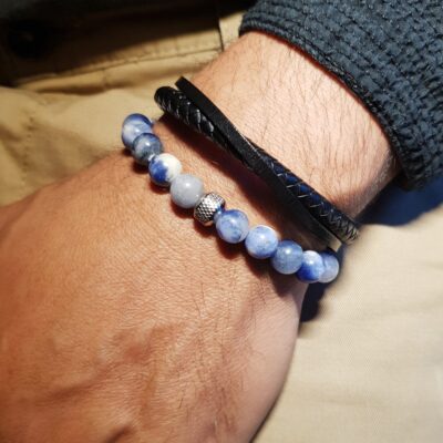 Duo de bracelets homme – perles naturelles Sodalite et cuir noir véritable