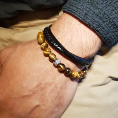 Duo de bracelets homme – perles naturelles Oeil de tigre et cuir noir véritable