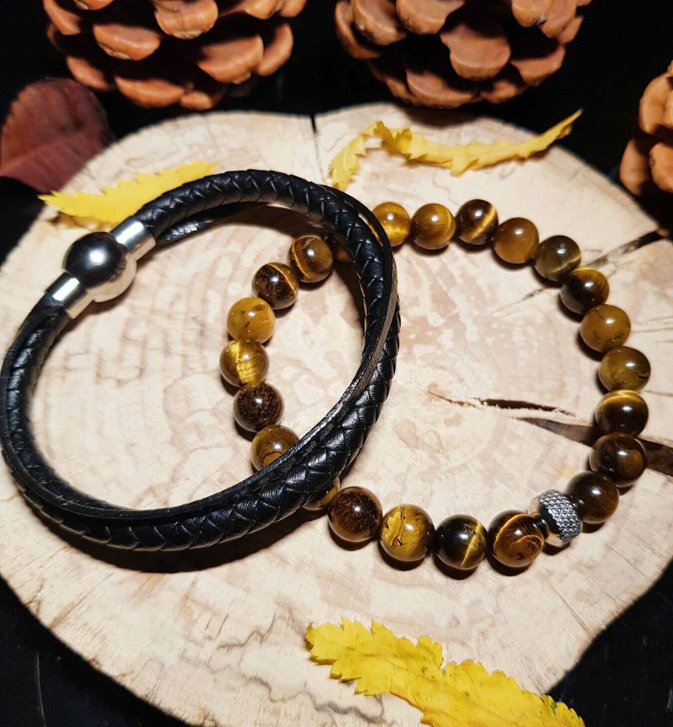Duo de bracelets homme – perles naturelles Oeil de tigre et cuir noir véritable