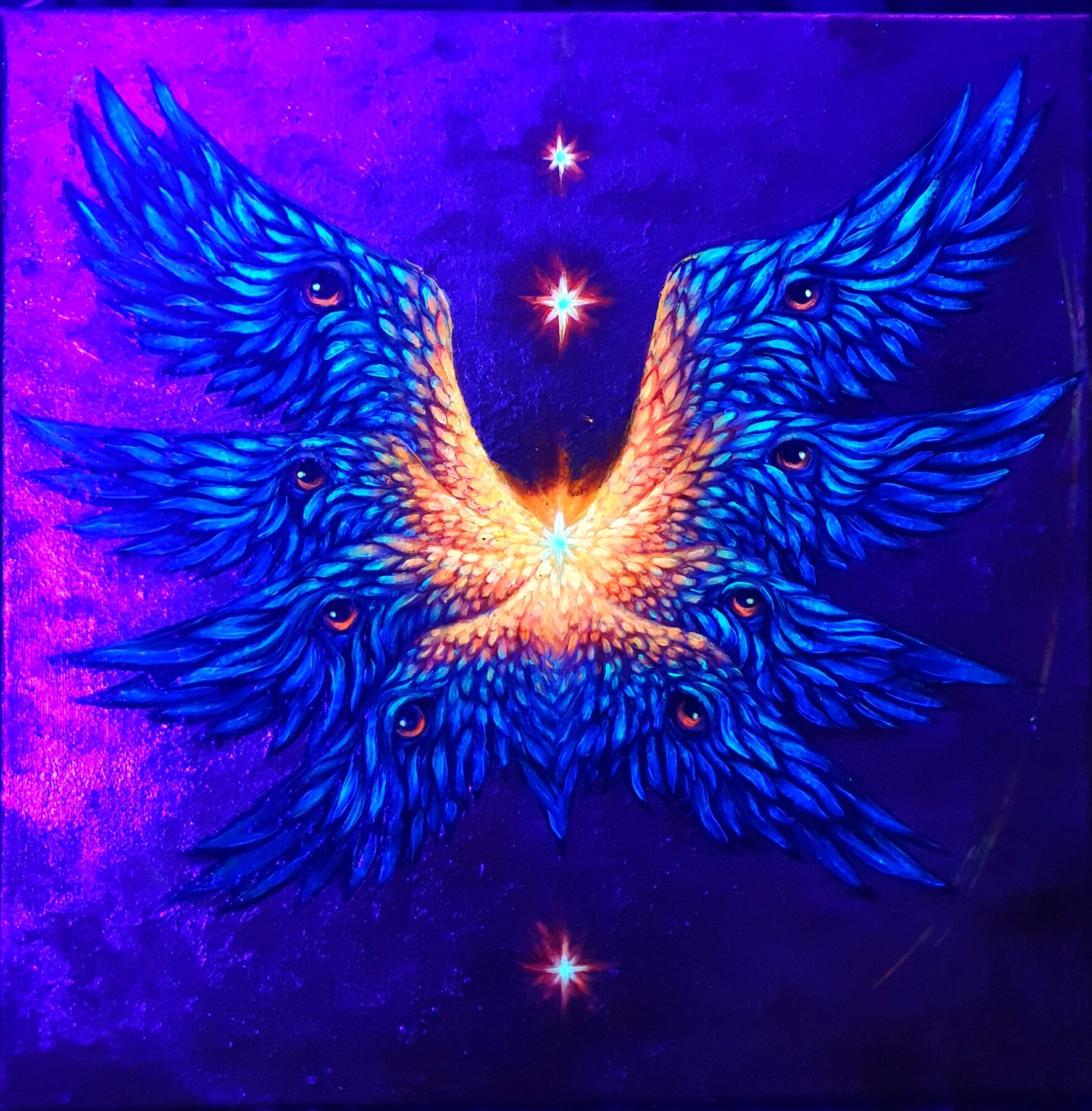 Tableau Original Trône Ange Séraphin 50x50 cm – Peinture Acrylique, Feuille d'Or & Réactif UV – Art Visionnaire & Esotérique – Image 2