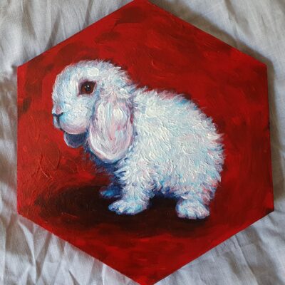 Tableau original lapin bélier albinos peinture acrylique 26x30 cm