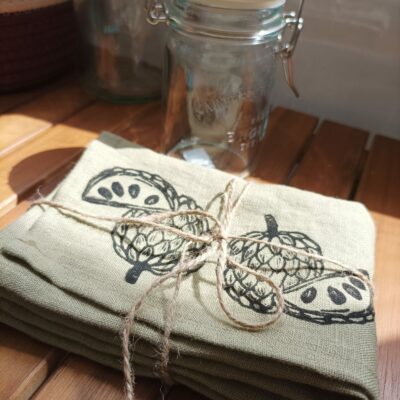 Serviette de table en lin - chirimoyas -vert olive