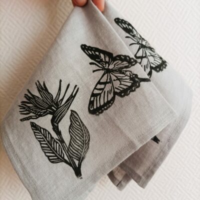 Serviette de table en lin - papillon et oiseau du paradis -gris