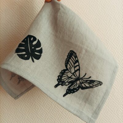Serviette de table en lin - "papillons et mostera"-gris