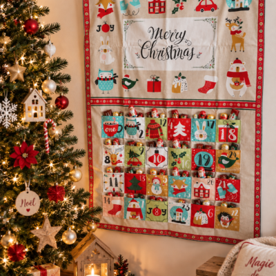 Calendrier de l’Avent en tissu – 24 poches – Décoration de Noël