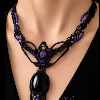 Collier macramé Onyx Noir Et Améthyste / Bijou Créateur Unique