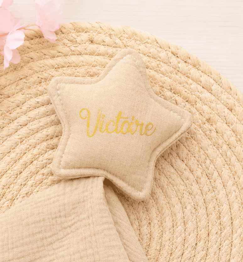 doudou étoile double gaze de coton personnalisé beige