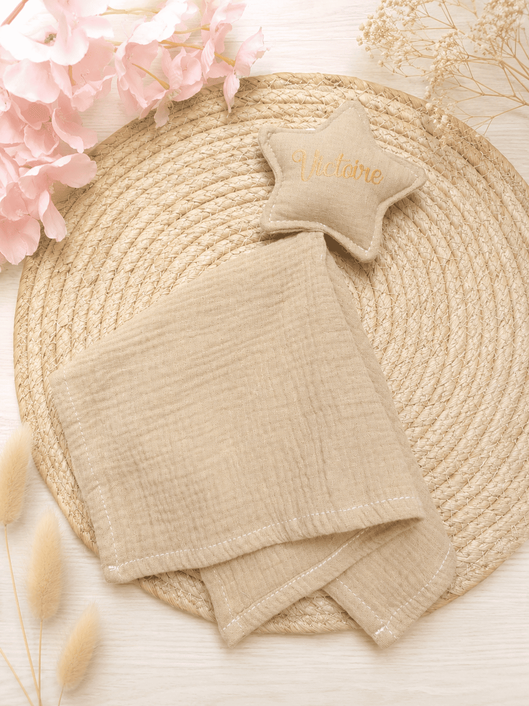 doudou étoile double gaze de coton personnalisé beige