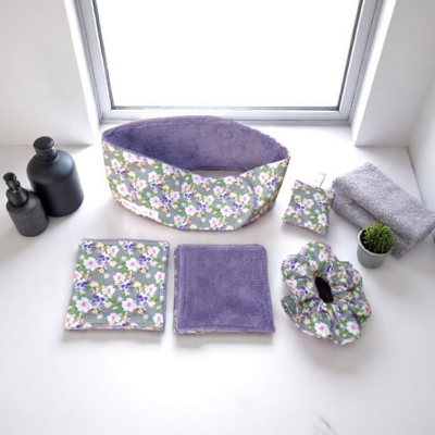kit salle de bain, de soin et bien-être zéro déchet coton bio, têtes de mort fleuri