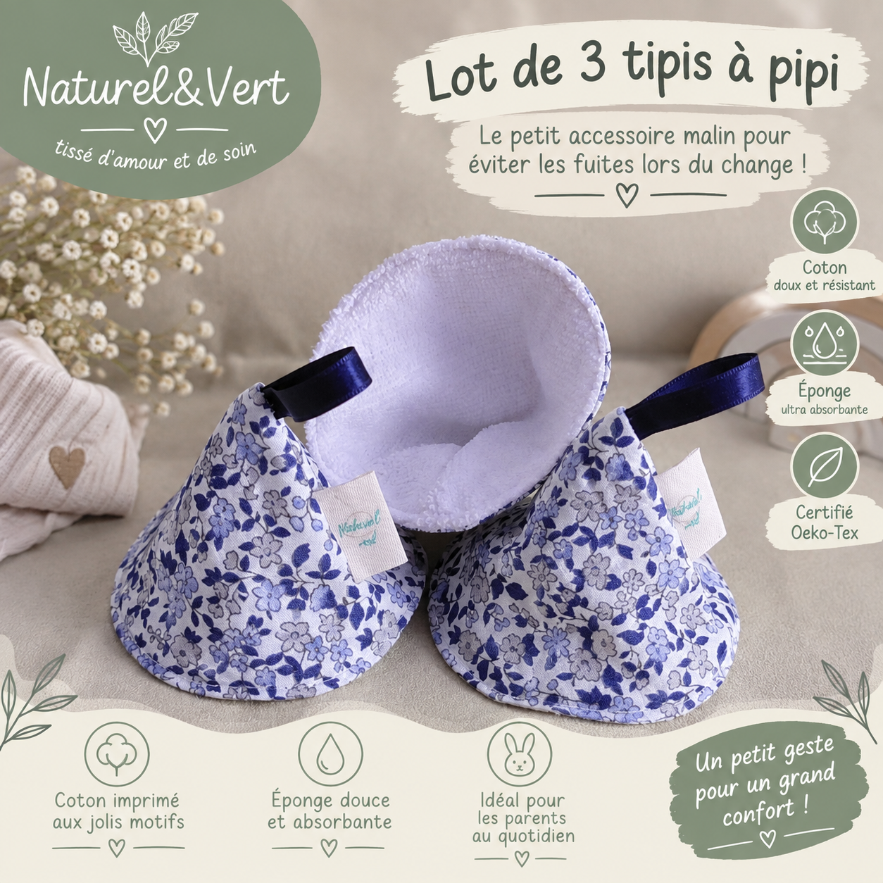 Lot de 3 tipis à pipi bébé en coton et éponge Oeko-Tex – Accessoires de change lavables et réutilisables – Image 2