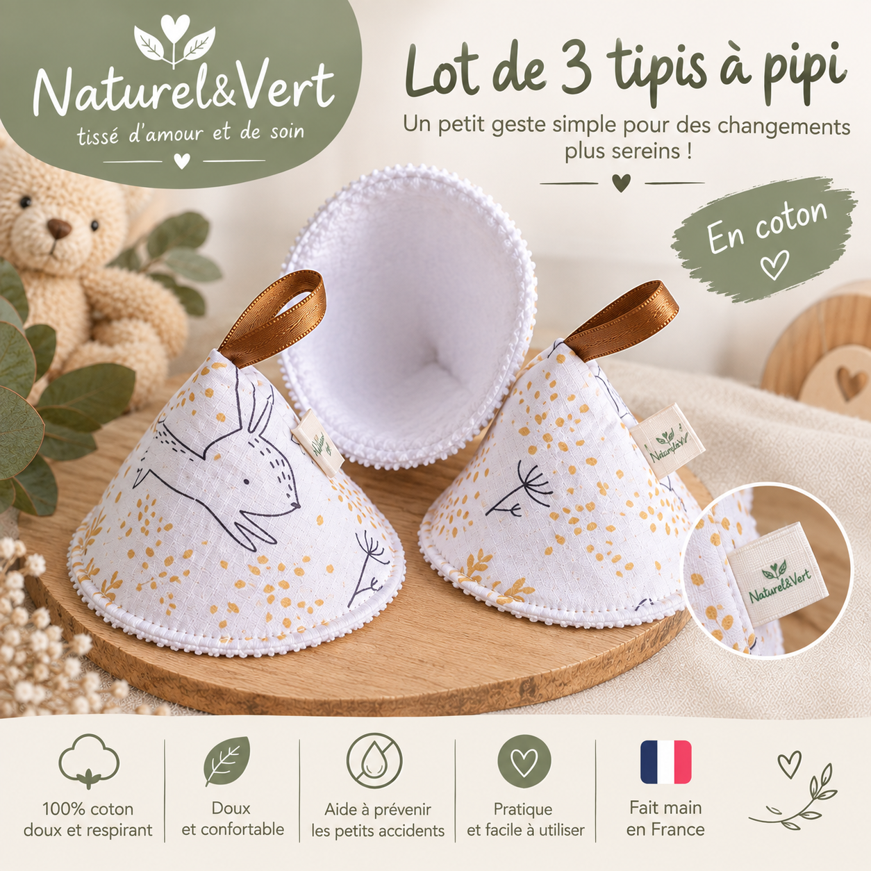 Lot de 3 tipis à pipi bébé en coton et éponge Oeko-Tex – Accessoires de change lavables et réutilisables – Image 2