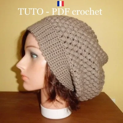 TUTO CROCHET – Bonnet marron / taupe style Slouchy , pour enfants ou adultes , facile à réaliser !