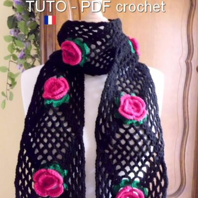 TUTO CROCHET – Echarpe orné de 10 belles roses en relief sur fond noir, Facile à réaliser, Pas à pas en images !