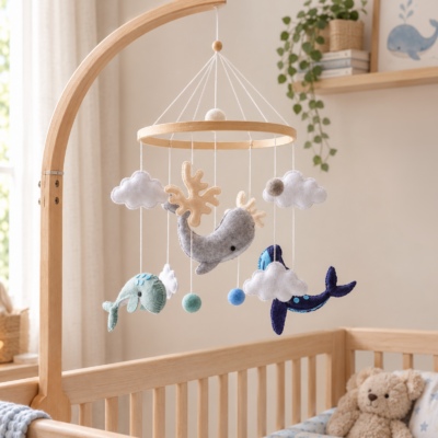 Mobile pour chambre de bébé thème Océan – Baleines, nuages et tons naturels