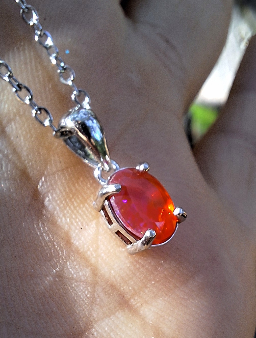 Pendentif Opale de Feu en Argent et Chaîne Acier Inoxydable, Collier Pierre Naturelle Rouge Orange – Image 2