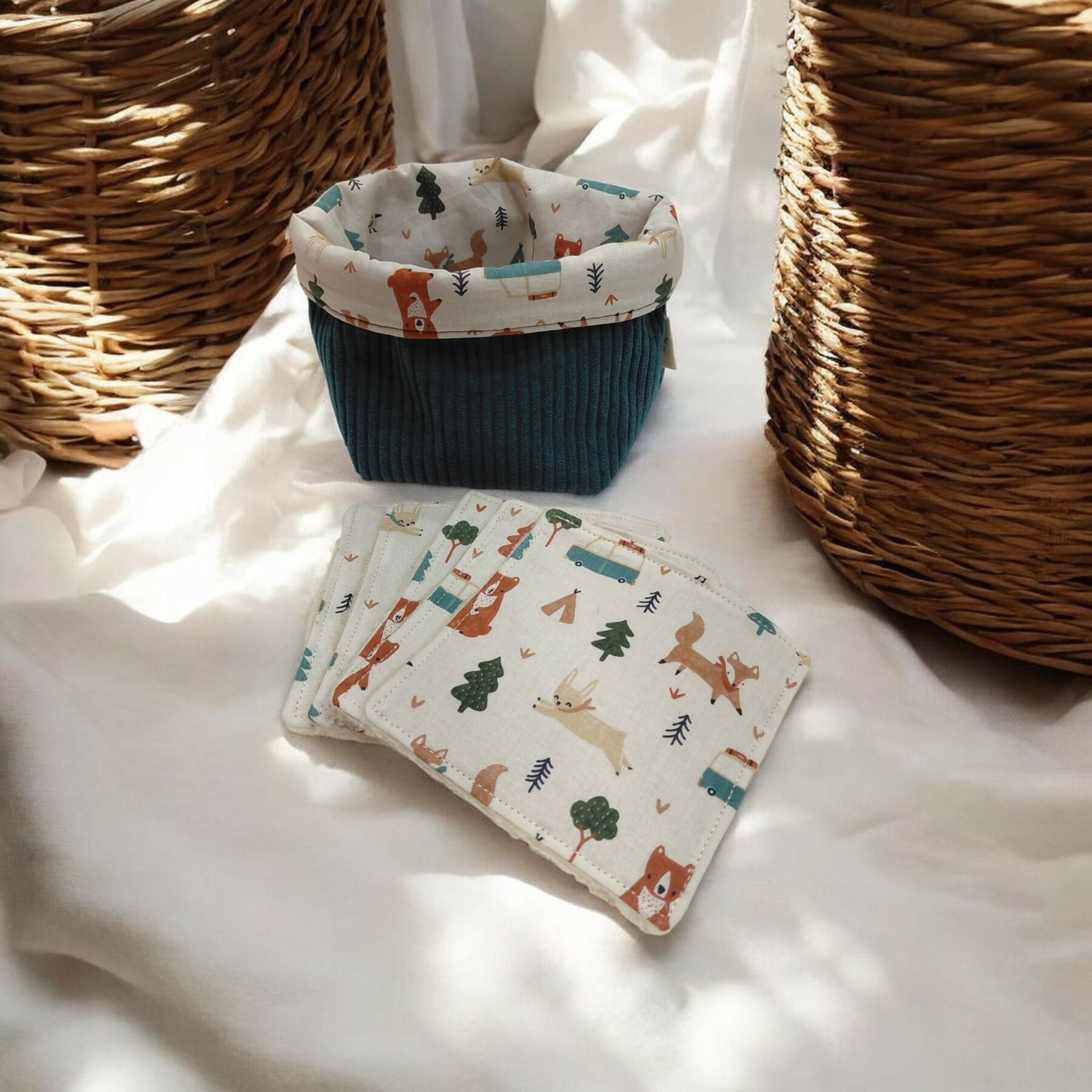 Panier à lingettes bébé en velours côtelé bleu canard – lot de lingettes lavables – naissance – Image 2