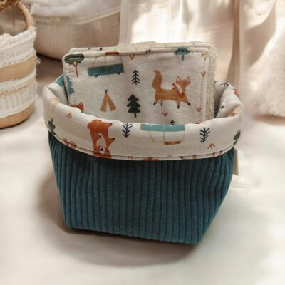 Panier à lingettes bébé en velours côtelé bleu canard – lot de lingettes lavables – naissance