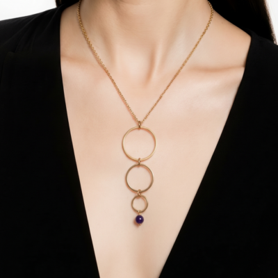 Collier cascade avec 3 anneaux en acier inoxydable doré et une pierre naturelle au choix
