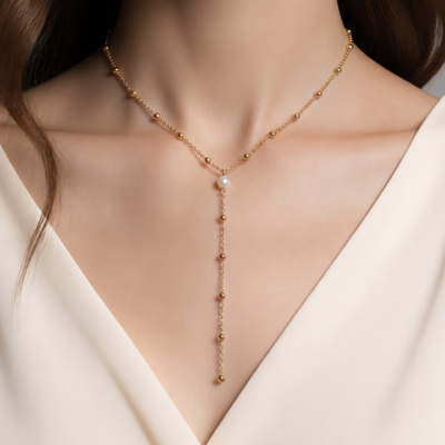 Collier pierre naturelle jade blanc et chaine à billes en acier inoxydable doré
