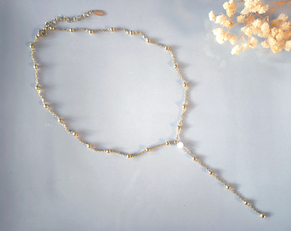 Collier pierre naturelle jade blanc et chaine à billes en acier inoxydable doré