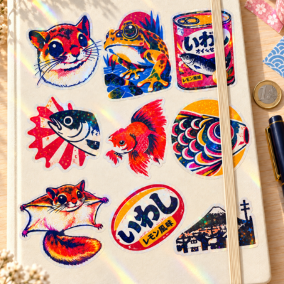 Lot de 9 stickers holographiques Japon kawaii – 6 cm