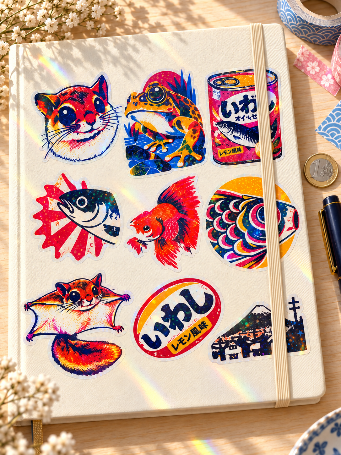 Lot de 9 stickers holographiques Japon kawaii – 6 cm