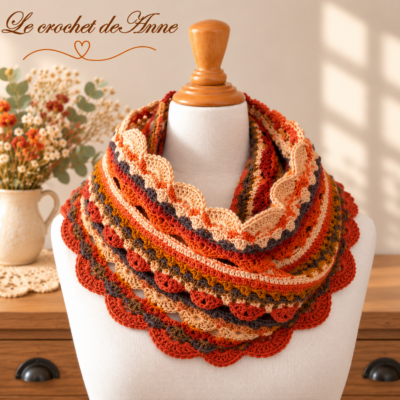 TUTO CROCHET – Snood circulaire 2 tours , Rangs colorés , Jolis motifs dentelle , Facile à réaliser !