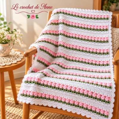 TUTO CROCHET - Couverture bébé orné de jolis rangs fleuris , Seulement 3 points crochet , Facile à réaliser !