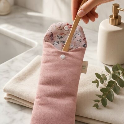 Étui à brosse à dents en suédine rose – Doublure imperméable