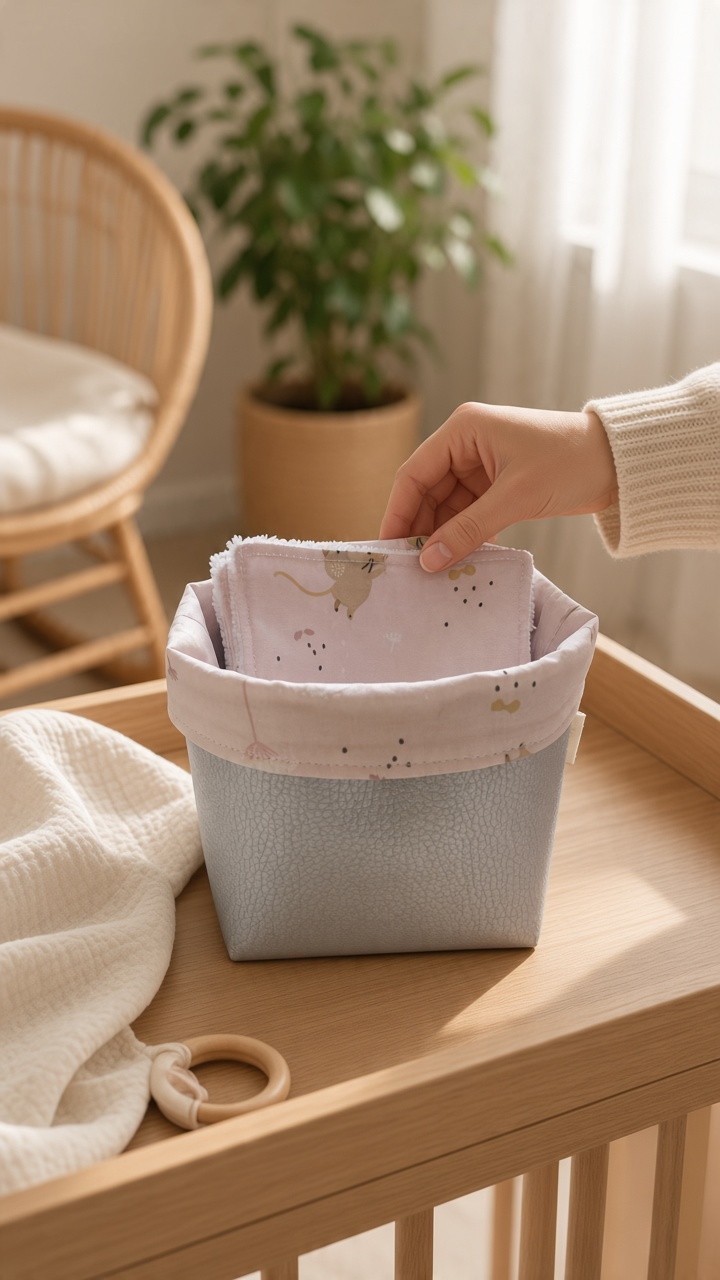 Panier à lingettes bébé en simili cuir gris avec lot de lingettes lavables – Fait main – Image 3