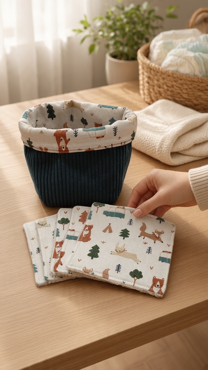 Panier à lingettes bébé en velours côtelé bleu canard – lot de lingettes lavables – naissance – Image 3
