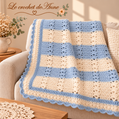 TUTO CROCHET - Plaid blanc et bleu aux jolis points fantaisies orné d'une bordure dentelle , facile à réaliser !