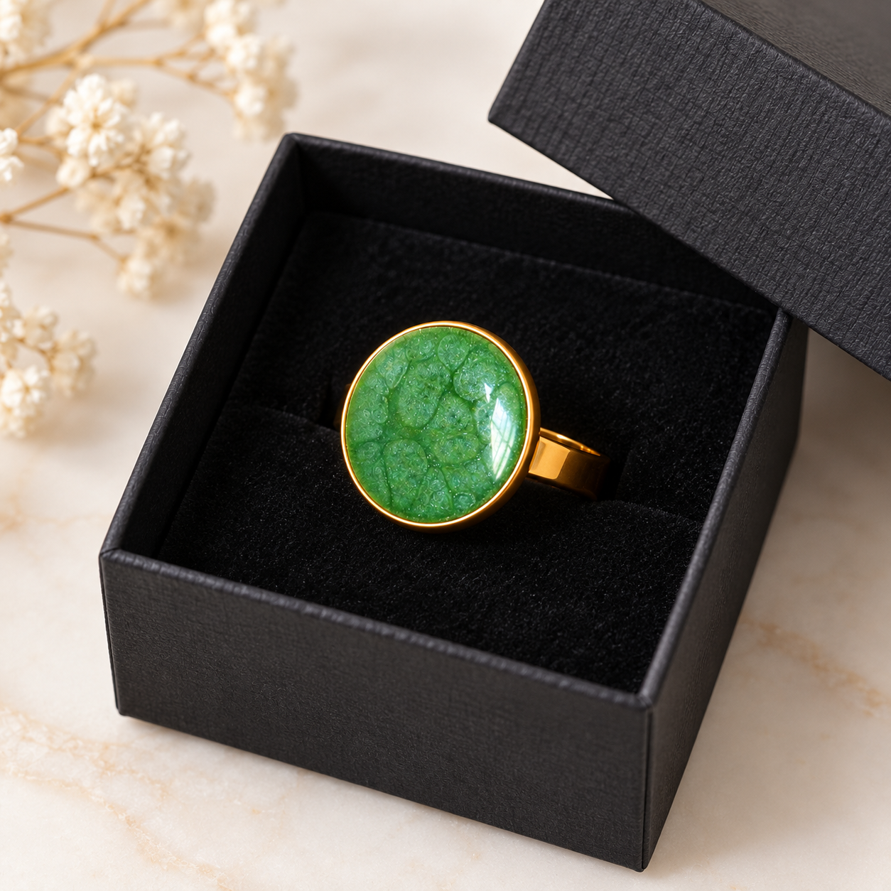 bague verte et dorée