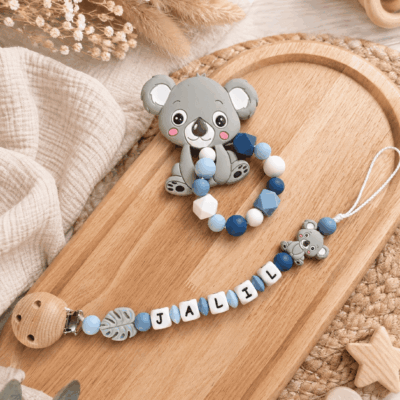 ensemble dentition attache tetine anneau koala gris bleu